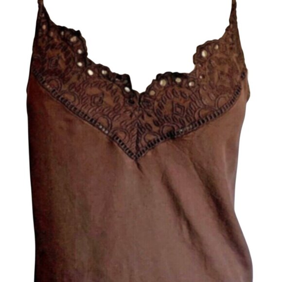 H&M  Eyelet Linen Blend Lace V Neck Camisole Top Sz 6 Brown #181E - Picture 4 of 9